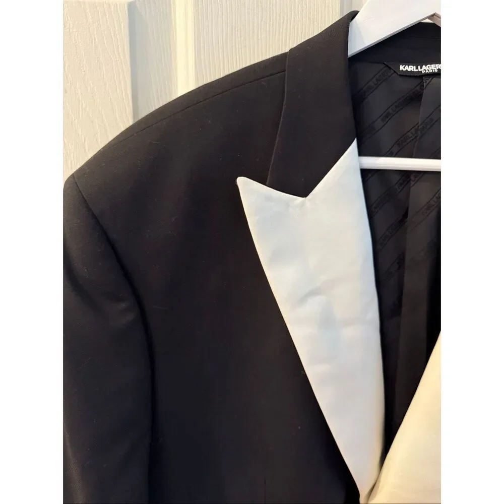 Karl Lagerfeld Black & Cream Satin Tuxedo Jacket sz 48R EUC